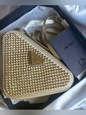 Prada Metallic Gold Triangle Mini Chain Crystal Crossbody Bag Limited Edition